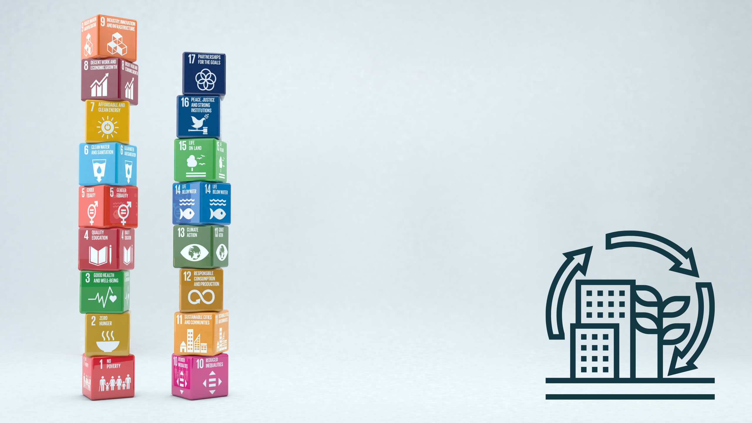 Two towers of wooden cubes showing the UN Sustainable Development Goals against a white background with a cartoon of skyscrapers, a plant and cyclical arrows to represent sustainability