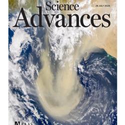 Screenshot of front page cover of Science Advances, with image of a Saharan dust storm blowing 1000 miles off the coast over the Atlantic